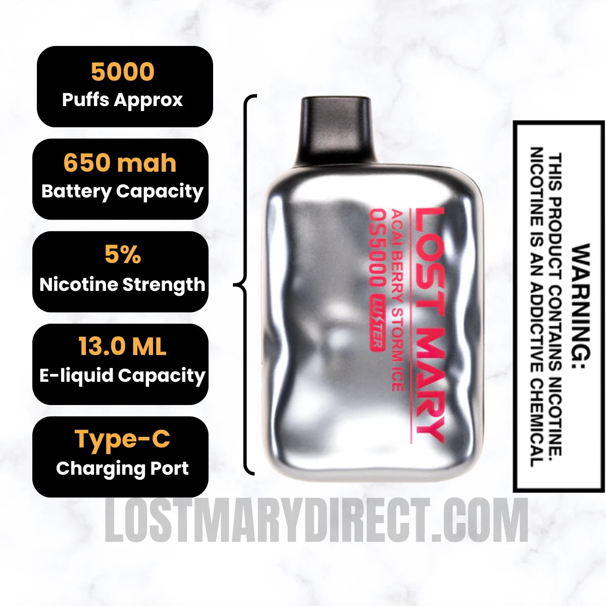 Acai Berry Storm Ice Lost Mary OS5000 Luster Edition Vape Specifications