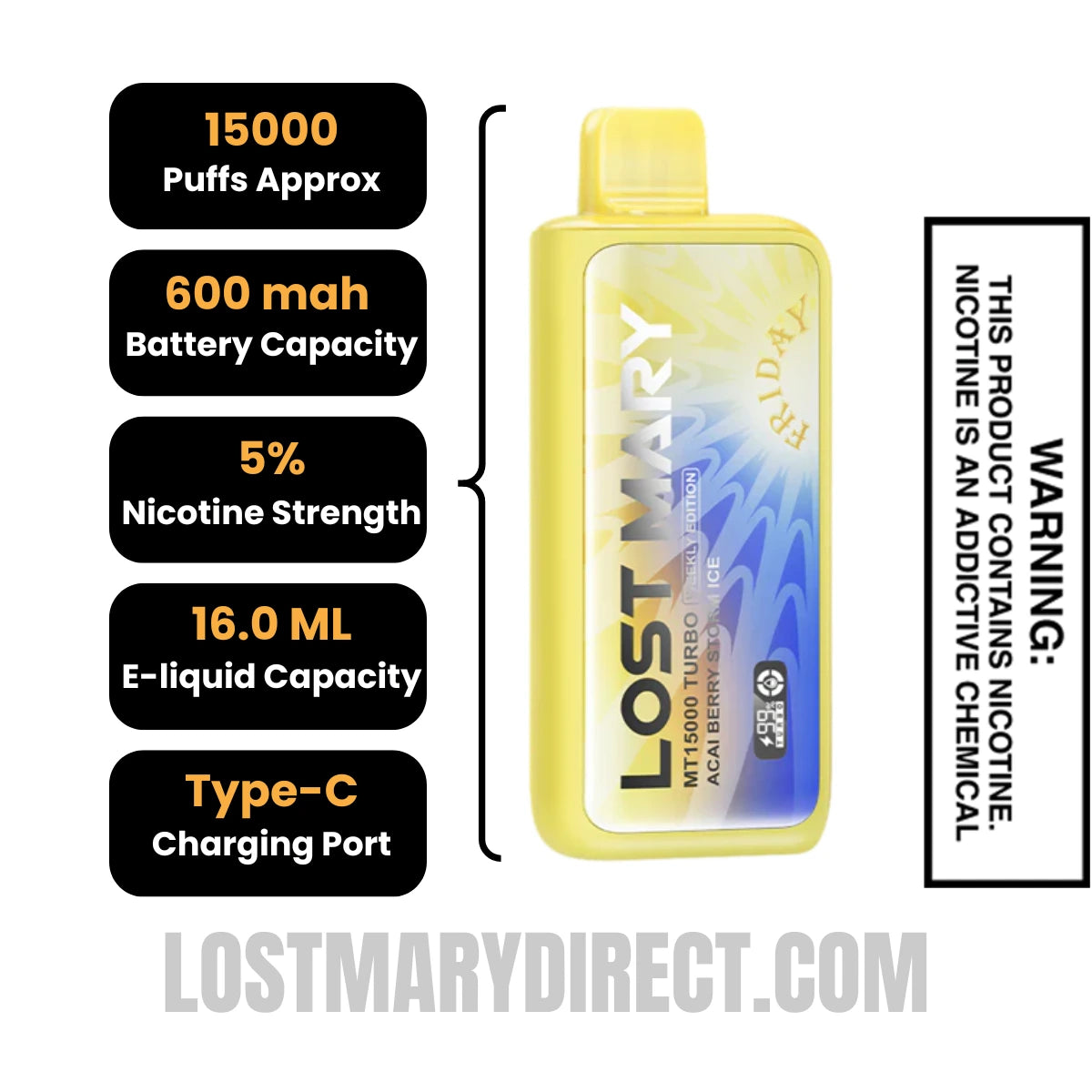 Acai Berry Strom Ice Lost Mary MT15000 TURBO (Friday) Vape Specifications
