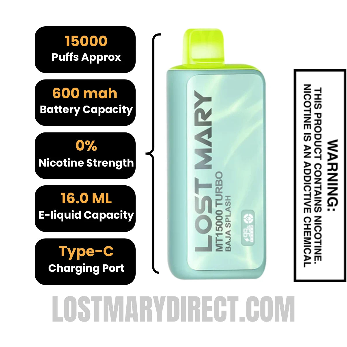 Baja Splash Lost Mary MT15000 Turbo Vape - 0% Nic Specifications