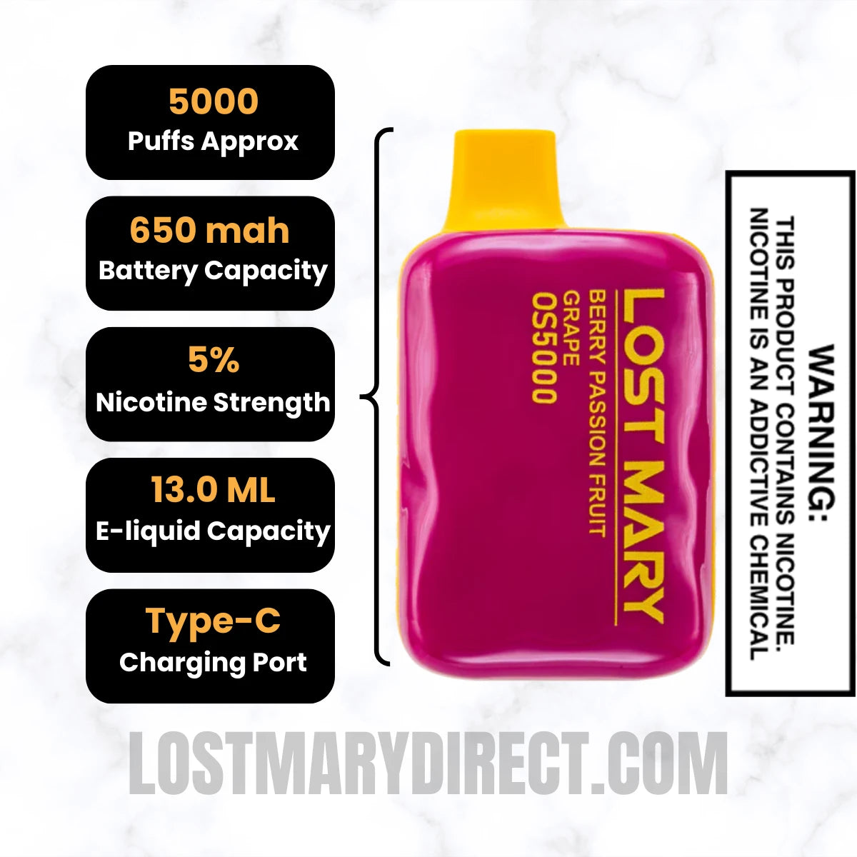 Berry Passion Fruit Grape Lost Mary OS5000 Disposable Vape Specifications