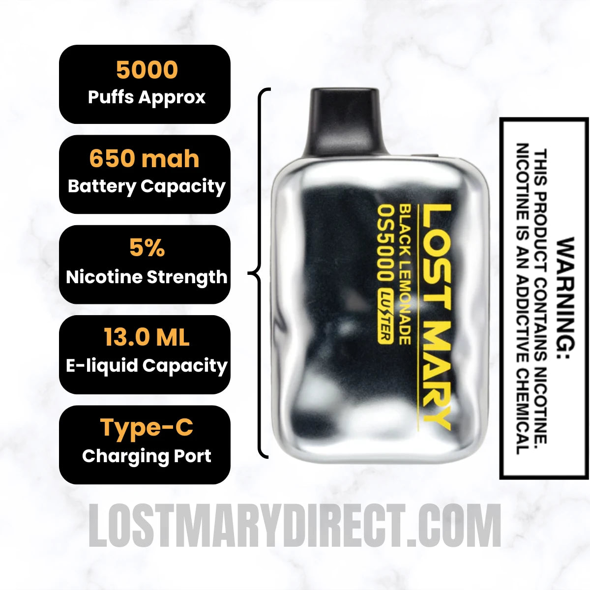 Black Lemonade Lost Mary OS5000 Disposable Vape Specifications
