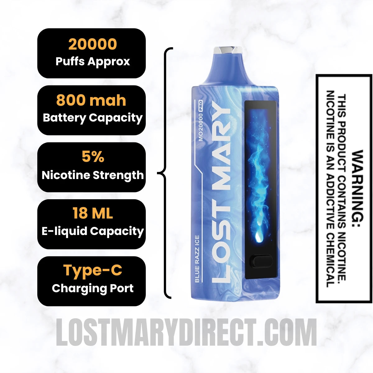 Blue Razz Ice Lost Mary MO20000 PRO Diposable Vape Specifications