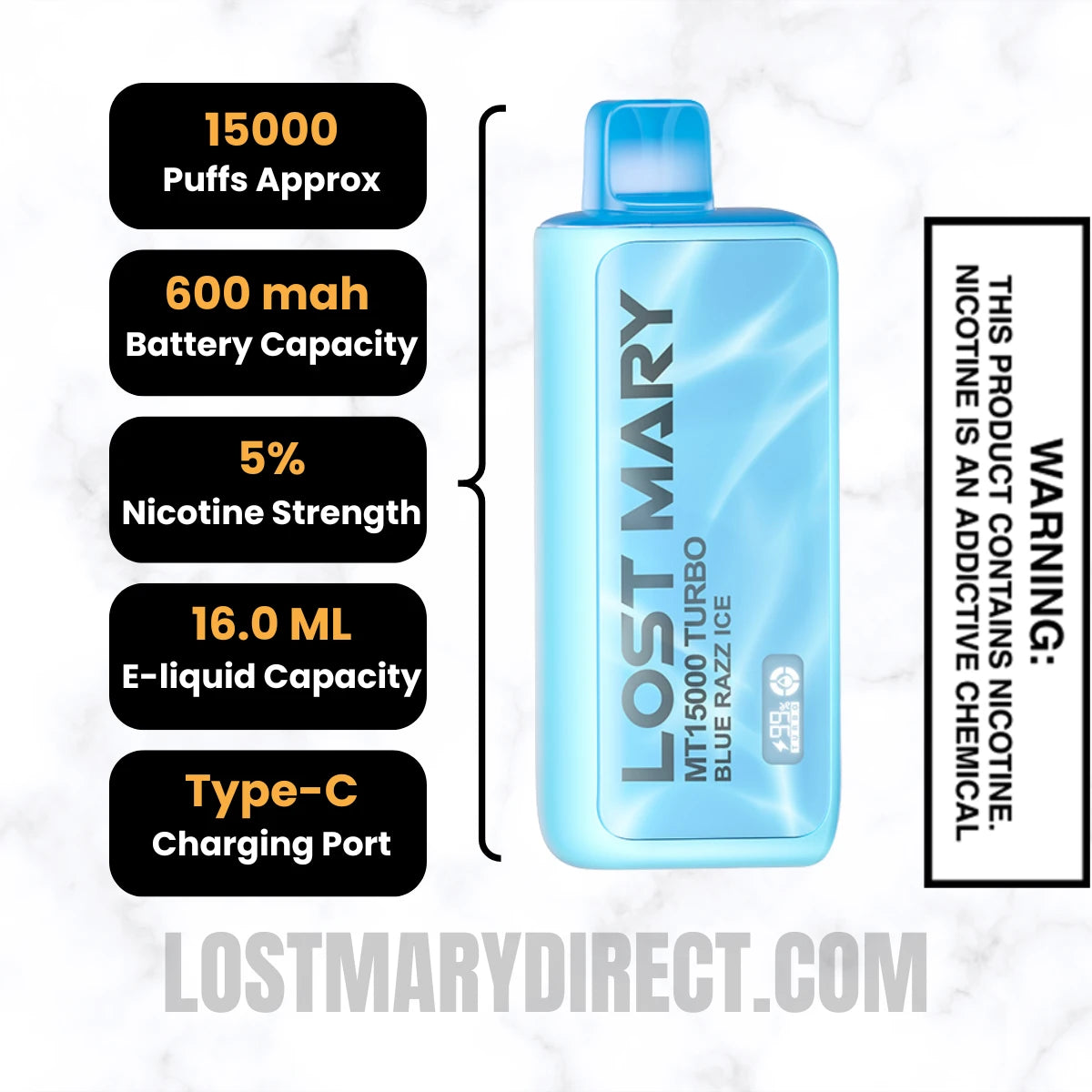 Blue Razz Ice Lost Mary MT15000 TURBO Vape Specifications