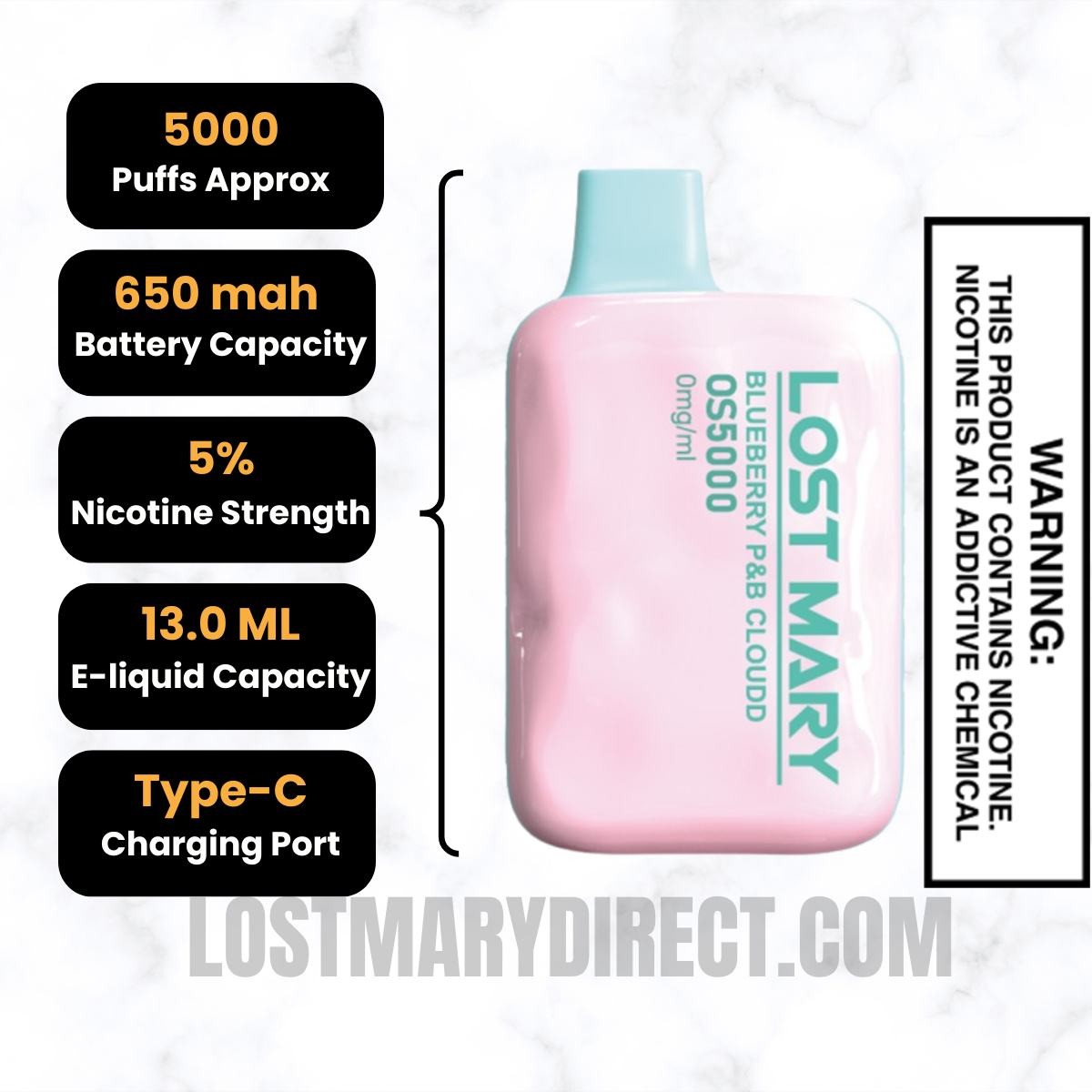 Blueberry P&B Cloud Lost Mary OS5000 Zero Nicotine Vape Specifications