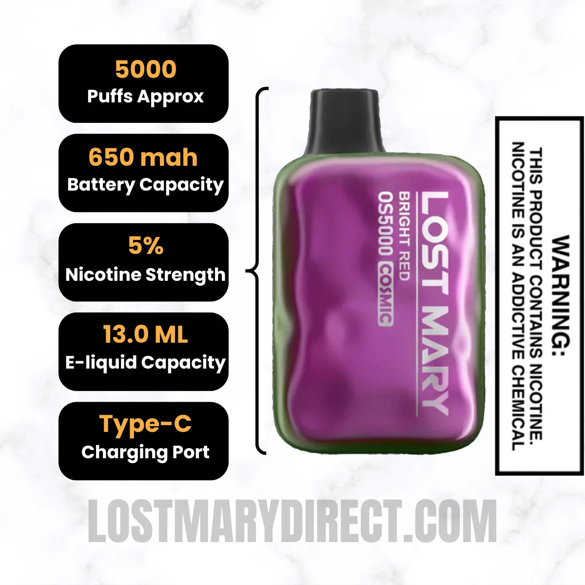 Bright Red Lost Mary OS5000 Cosmic Edition Vape Specifications