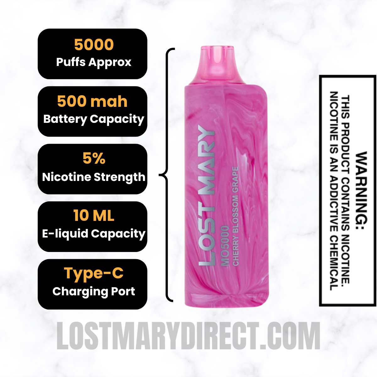 Cherry Blossom Grape Lost Mary MO5000 Disposable Vape Specifications