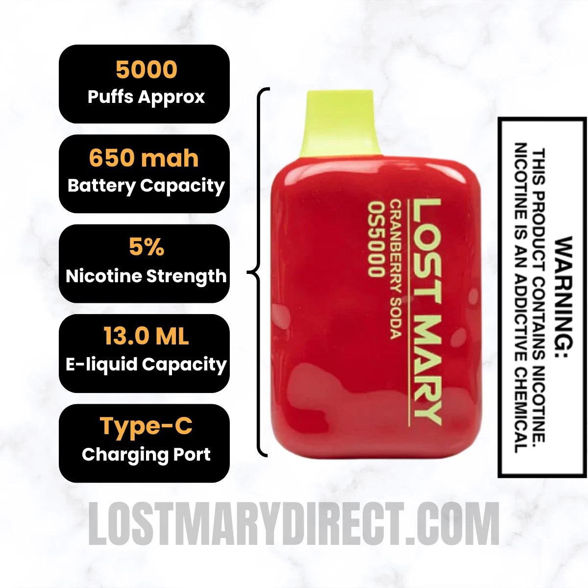 Cranberry Soda Lost Mary OS5000 Disposable Vape Specifications