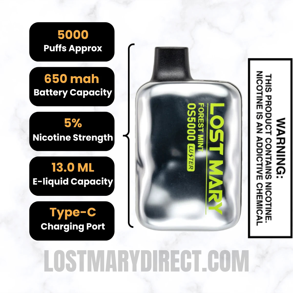 Forest Mint Lost Mary OS5000 Luster Edition Vape Specifications