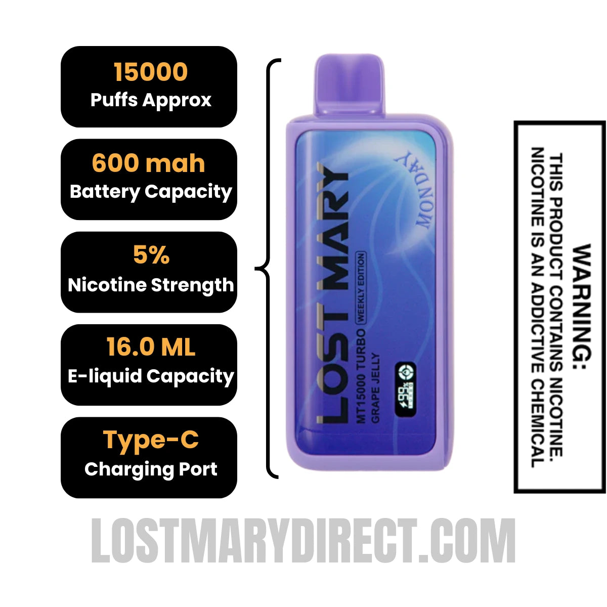 Grape Jelly Lost Mary MT15000 TURBO (Monday) Vape Specifications