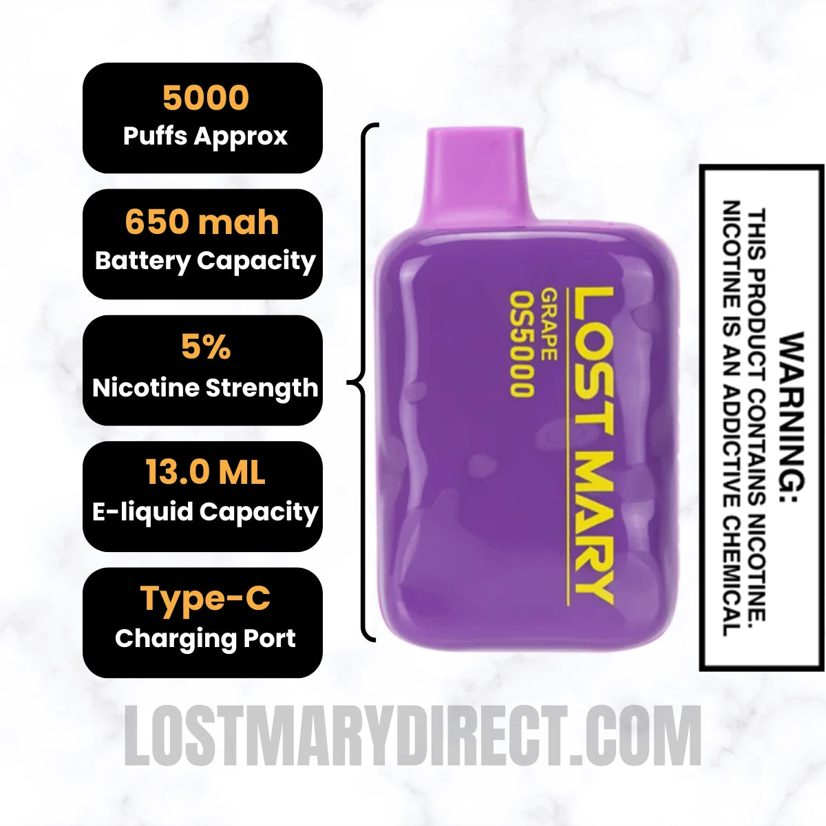Grape Lost Mary OS5000 Disposable Vape Specifications