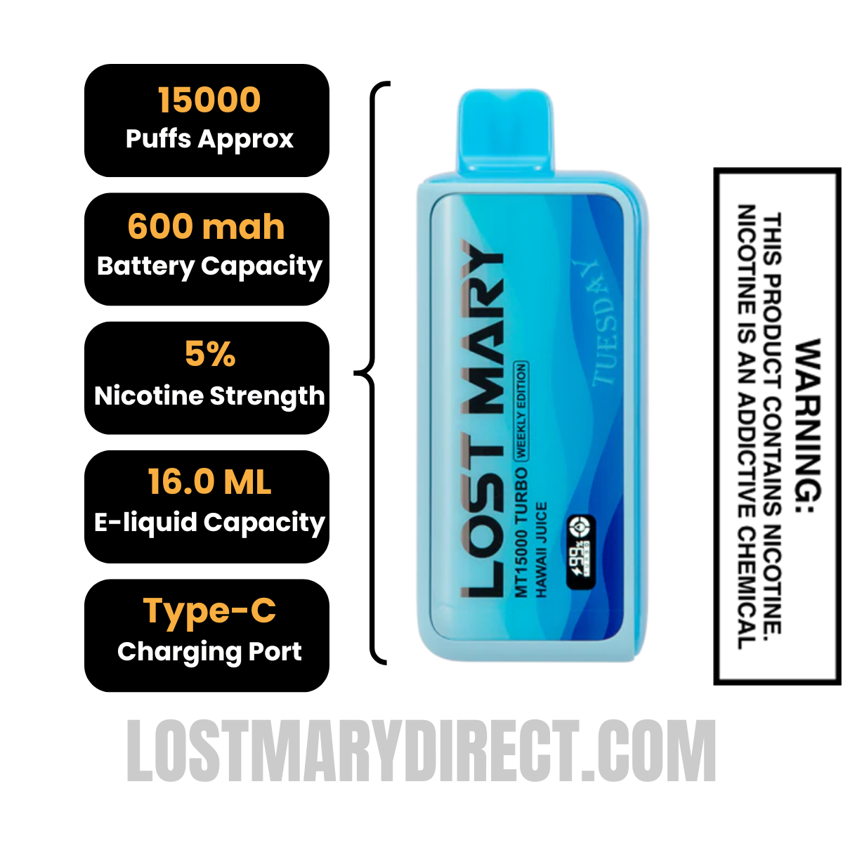 Hawaii Juice Lost Mary MT15000 TURBO (Tuesday) Vape Specifications