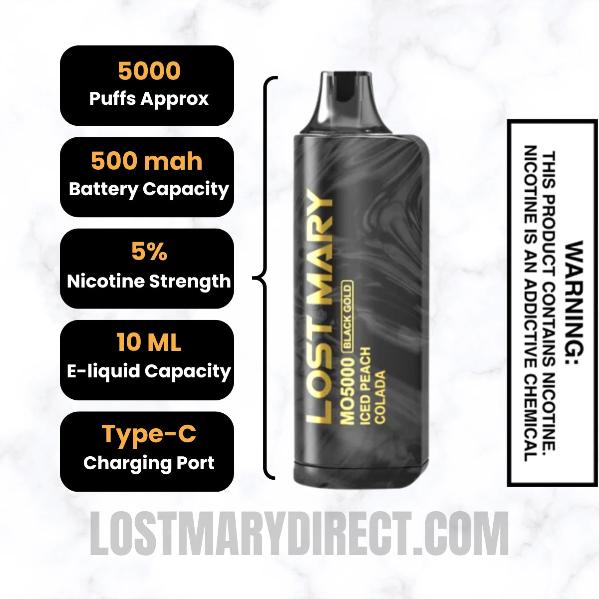 Iced Peach Colada Lost Mary MO5000 Disposable Vape Specifications