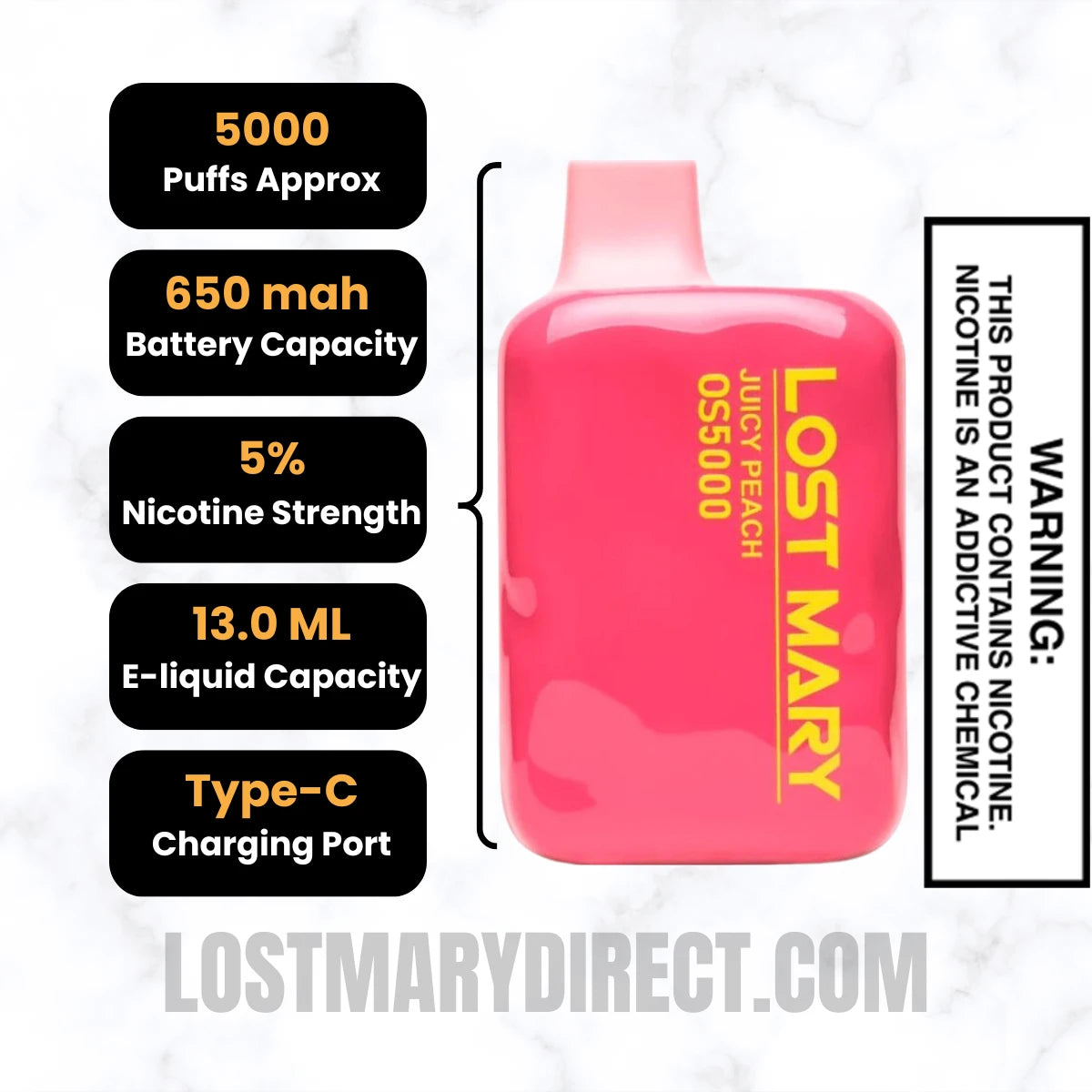 Juicy Peach Lost Mary OS5000 Disposable Vape Specifications