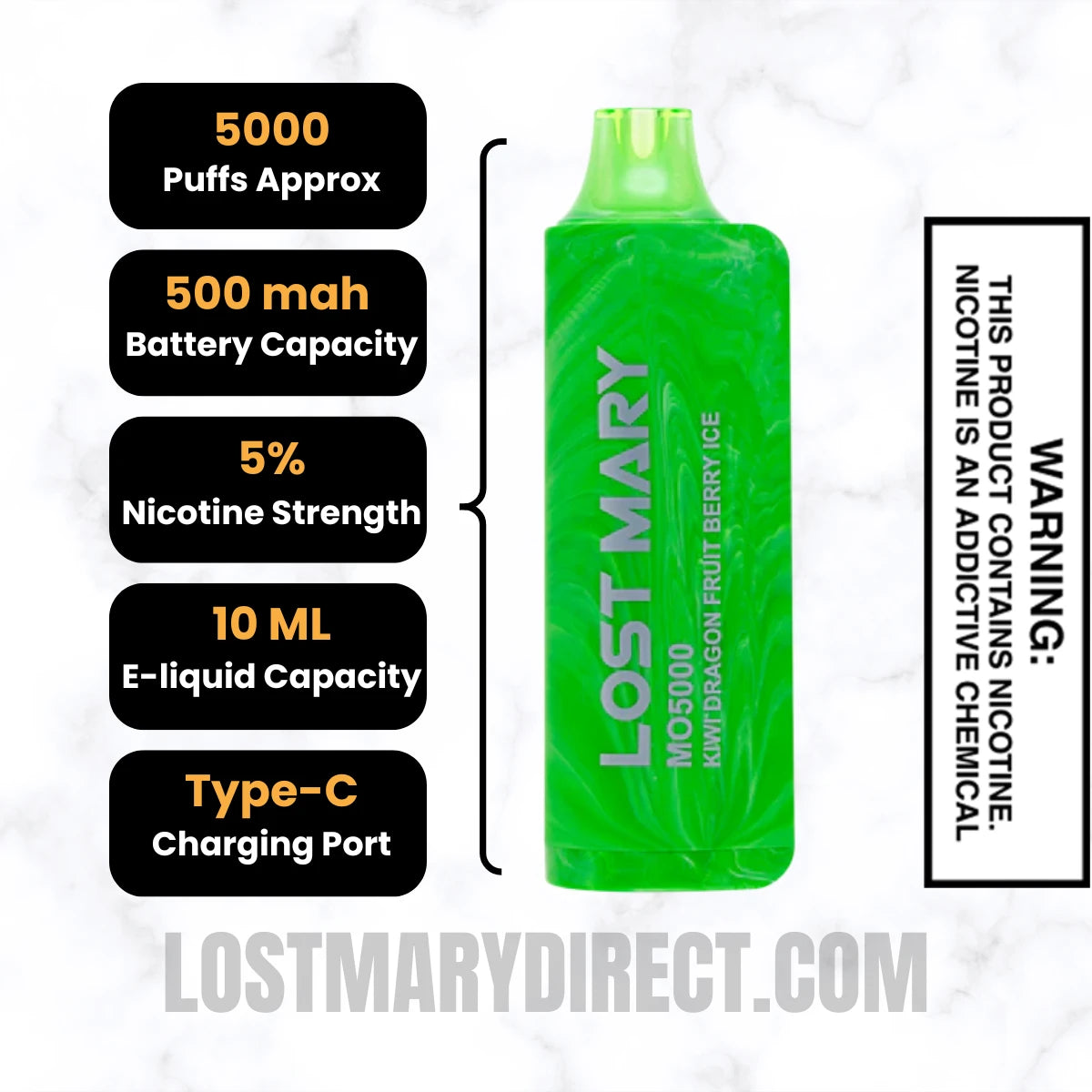 Kiwi Dragon Fruit Berry Ice Lost Mary MO5000 Disposable Vape Specifications