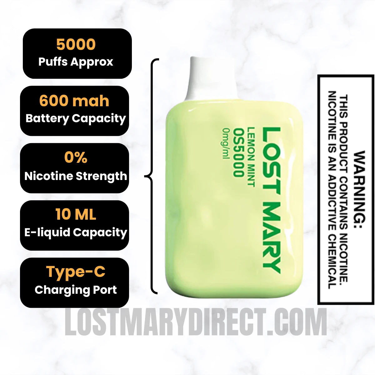 Lemon Mint Lost Mary OS5000 Zero Nicotine Vape Specifications