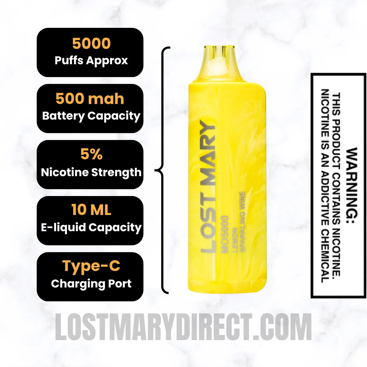 Lemon Sparkling Wine Lost Mary MO5000 Disposable Vape Specifications