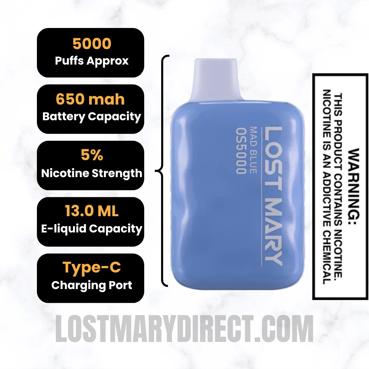 Mad Blue Lost Mary OS5000 Disposable Vape Specifications