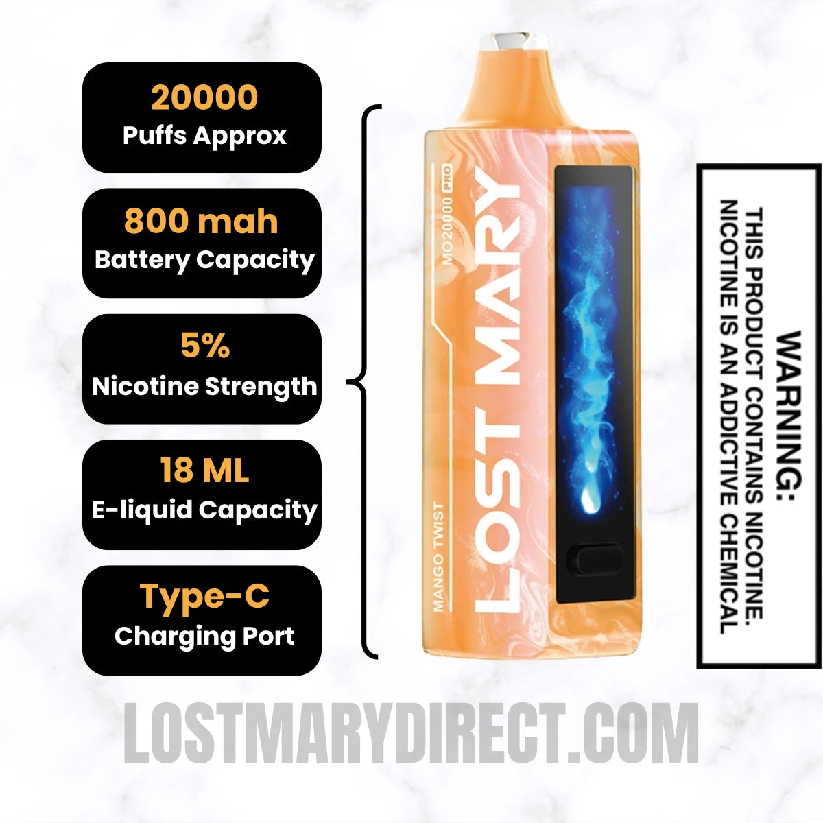 Mango Twist Lost Mary MO20000 PRO Diposable Vape Specifications