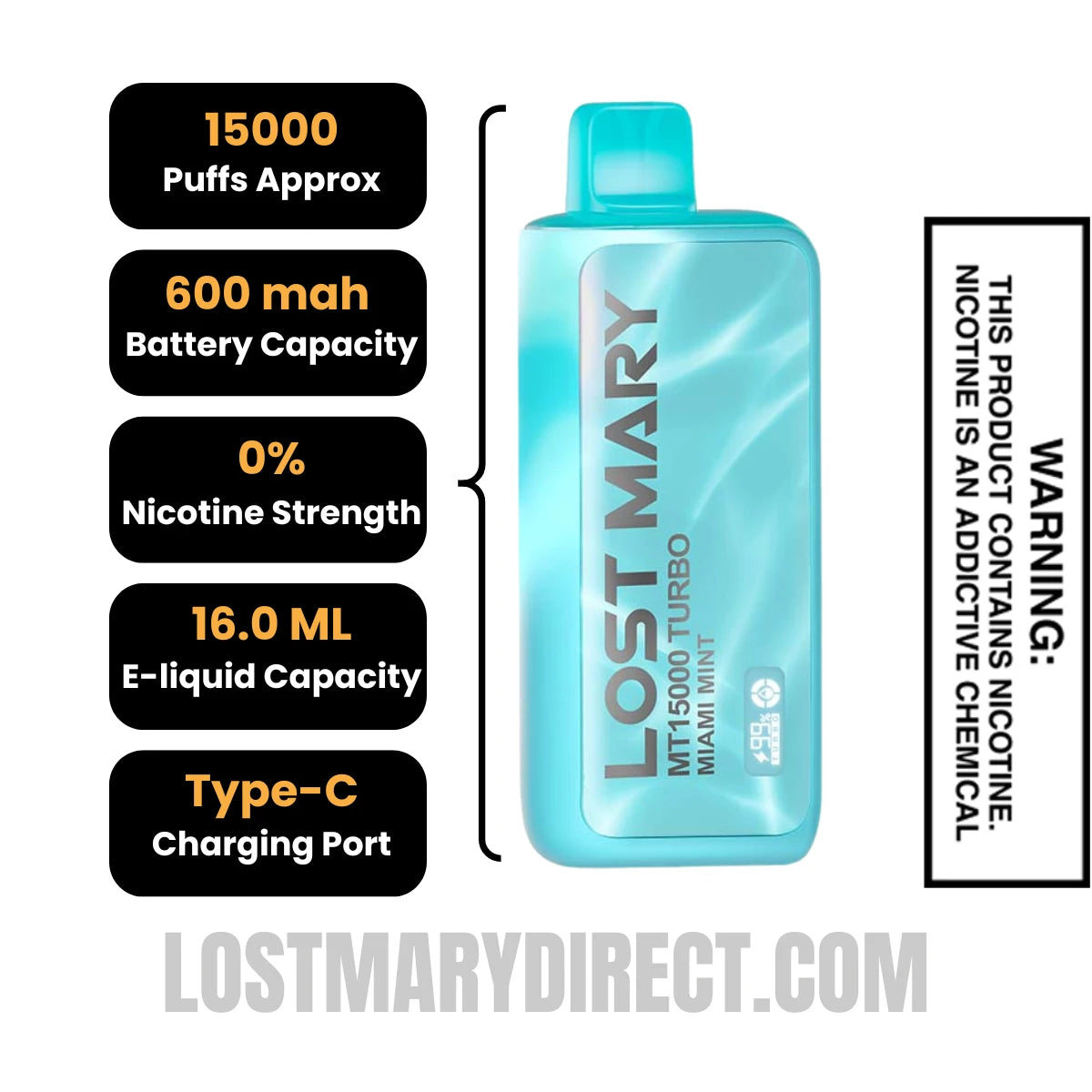 Miami Mint Lost Mary MT15000 Turbo Vape - 0% Nic Specifications