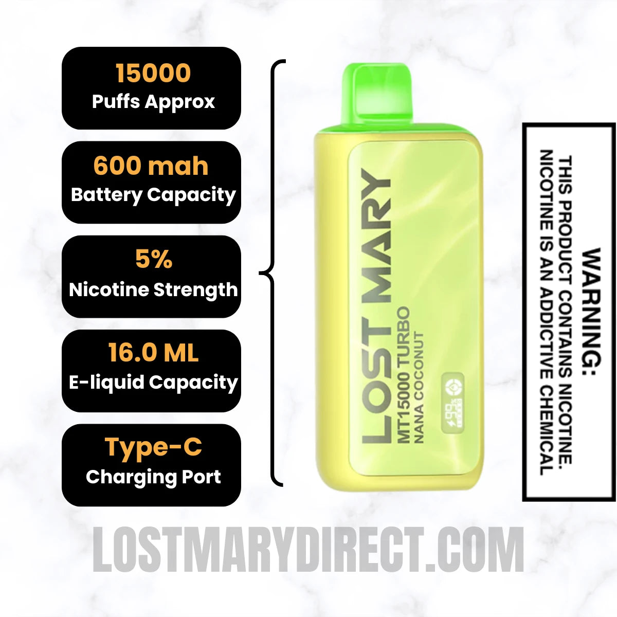 Nana Coconut Lost Mary MT15000 TURBO Vape Specifications