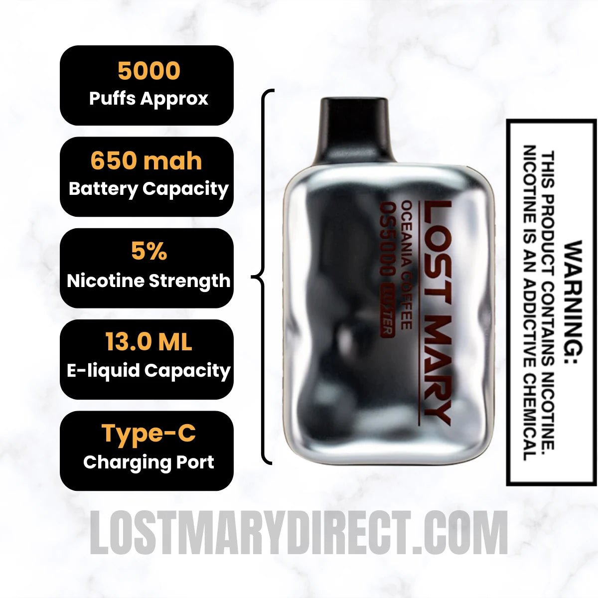 Oceania Coffee Lost Mary OS5000 Luster Edition Vape Specifications