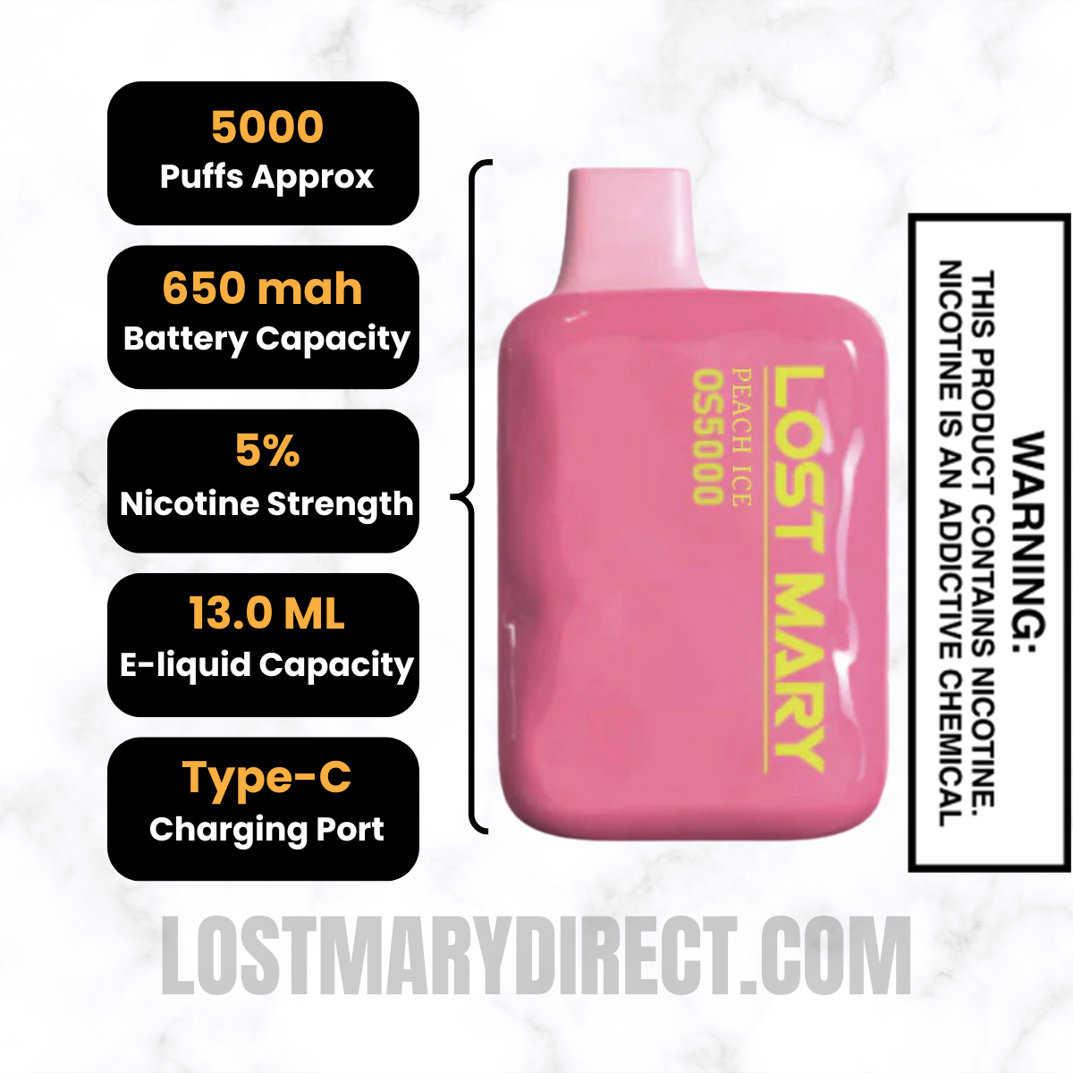 Peach Ice Lost Mary OS5000 Disposable Vape Specifications