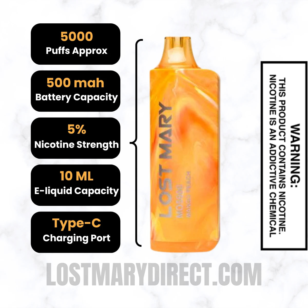 Peach Mango Lost Mary MO5000 Disposable Vape Specifications