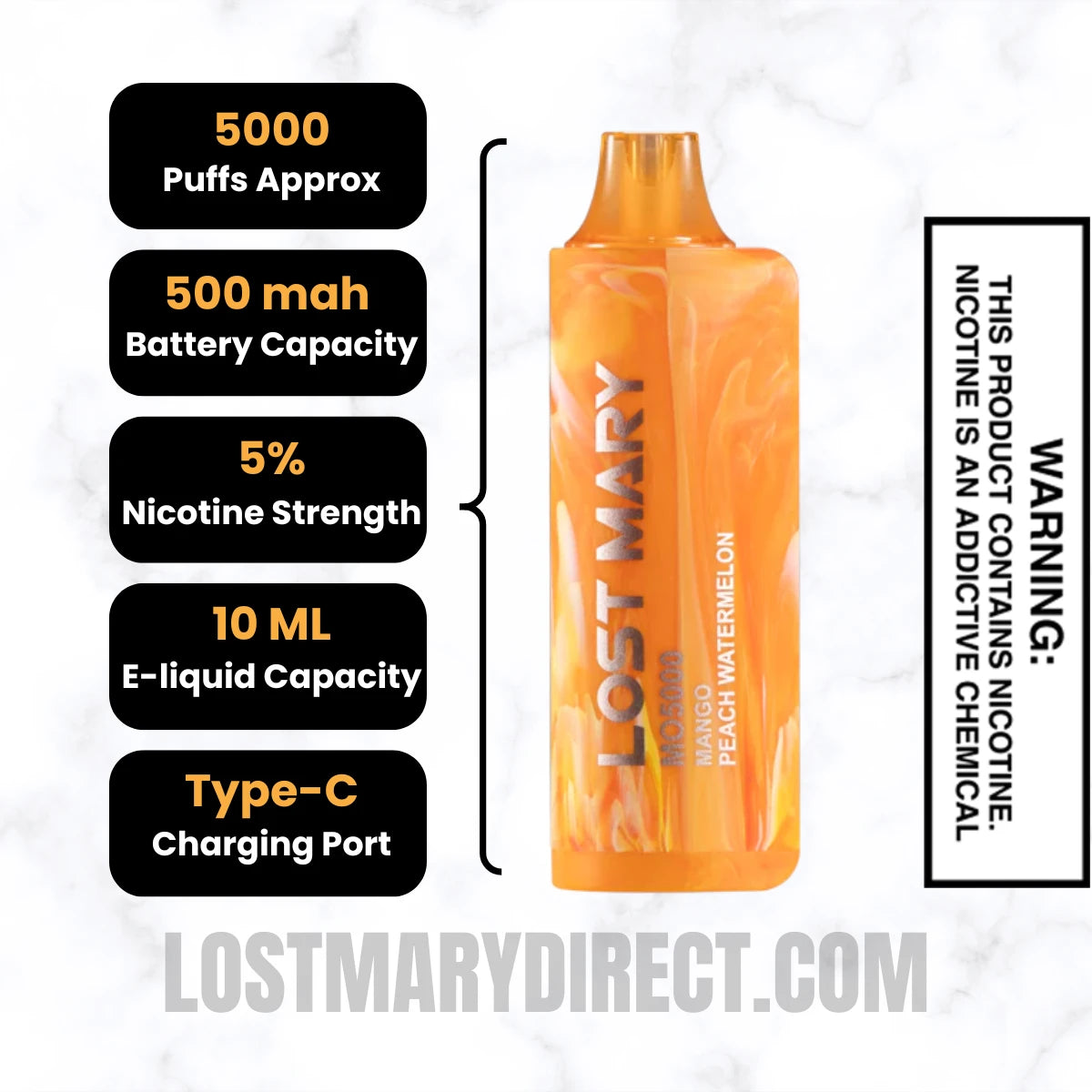 Peach Mango Watermelon Lost Mary MO5000 Disposable Vape Specifications
