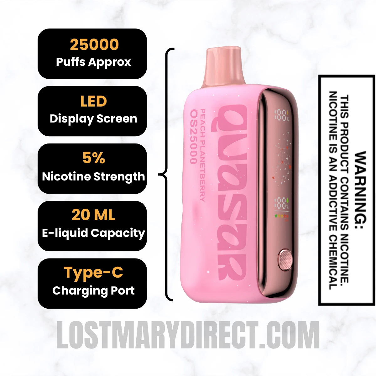 Peach Planetberry Lost Mary Quasar OS25000 Diposable Vape Specifications