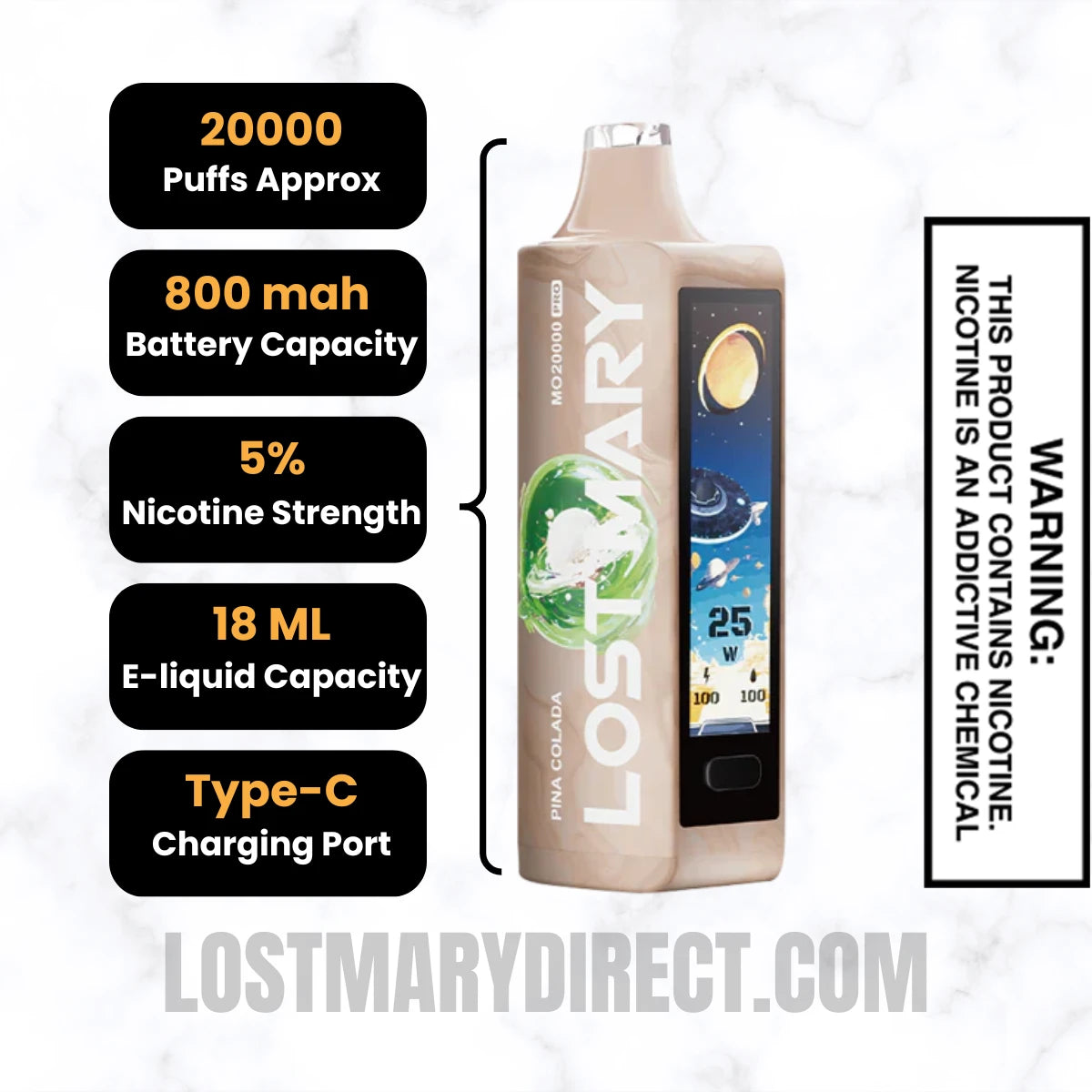 Pine Colada Lost Mary MO20000 PRO Diposable Vape Specifications