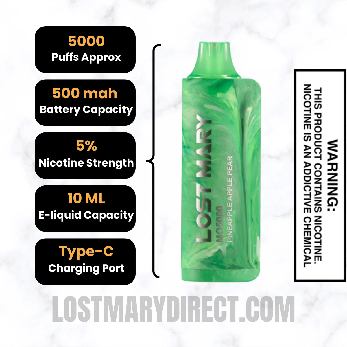 Pineapple Apple Pear Lost Mary MO5000 Disposable Vape Specifications