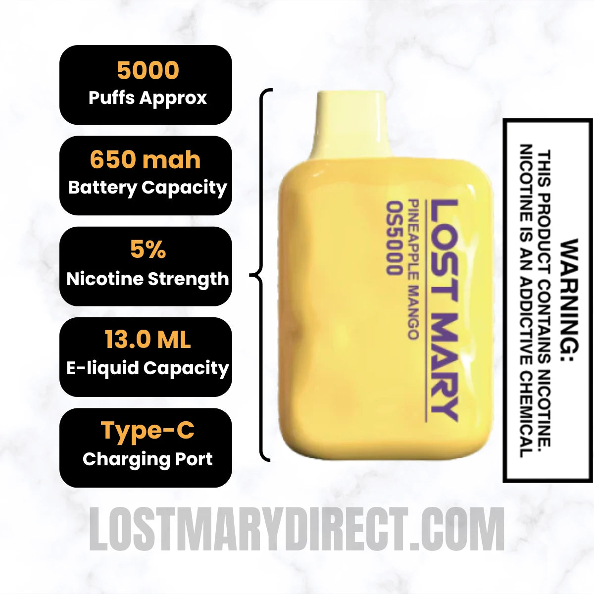 Pineapple Mango Lost Mary OS5000 Disposable Vape Specifications