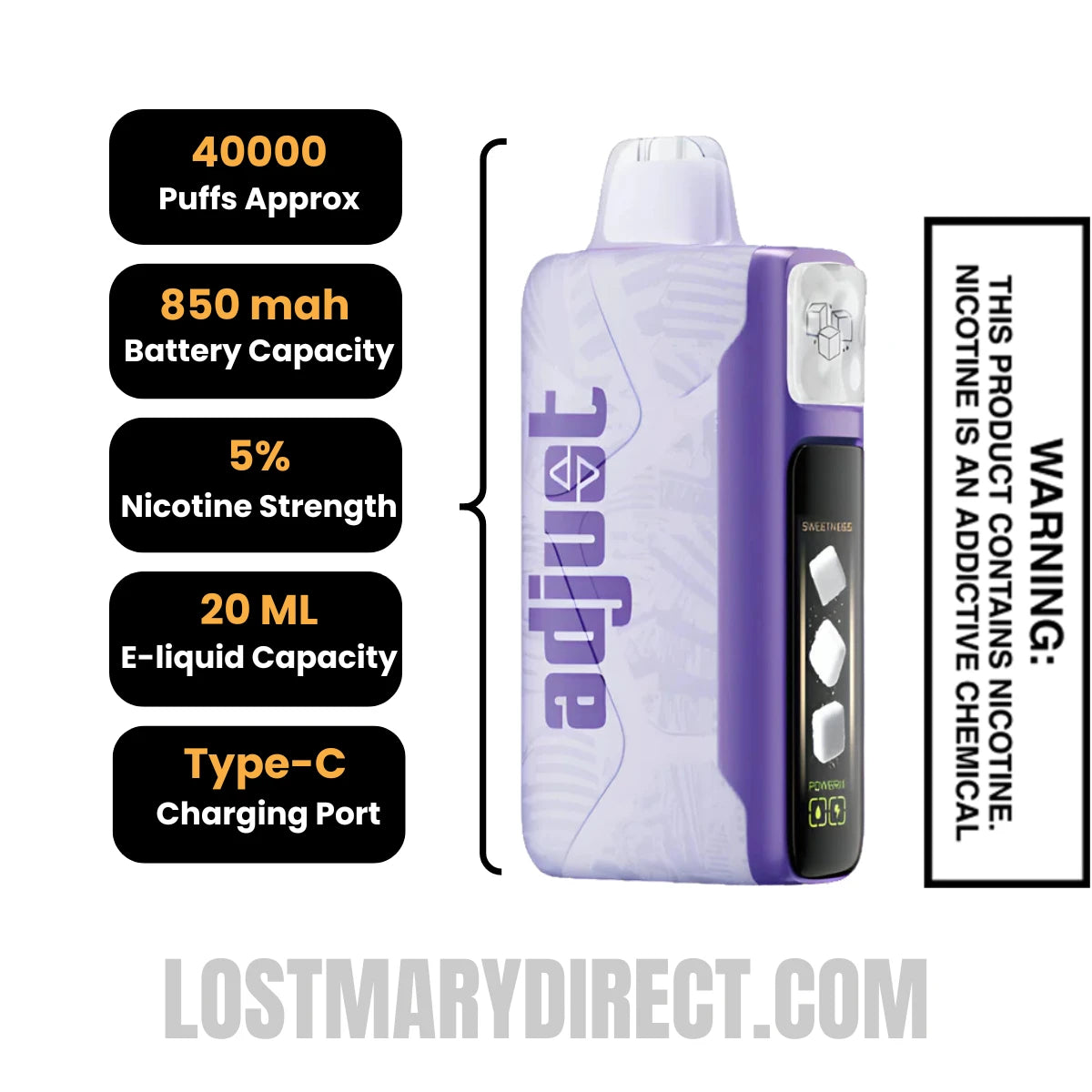 Raspberry Orange Adjust MySweet 40K Disposable Vape Specifcations