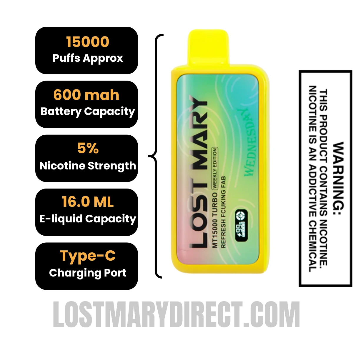 Refresh Fucking Feb Lost Mary MT15000 TURBO (Wednesday) Vape Specifications