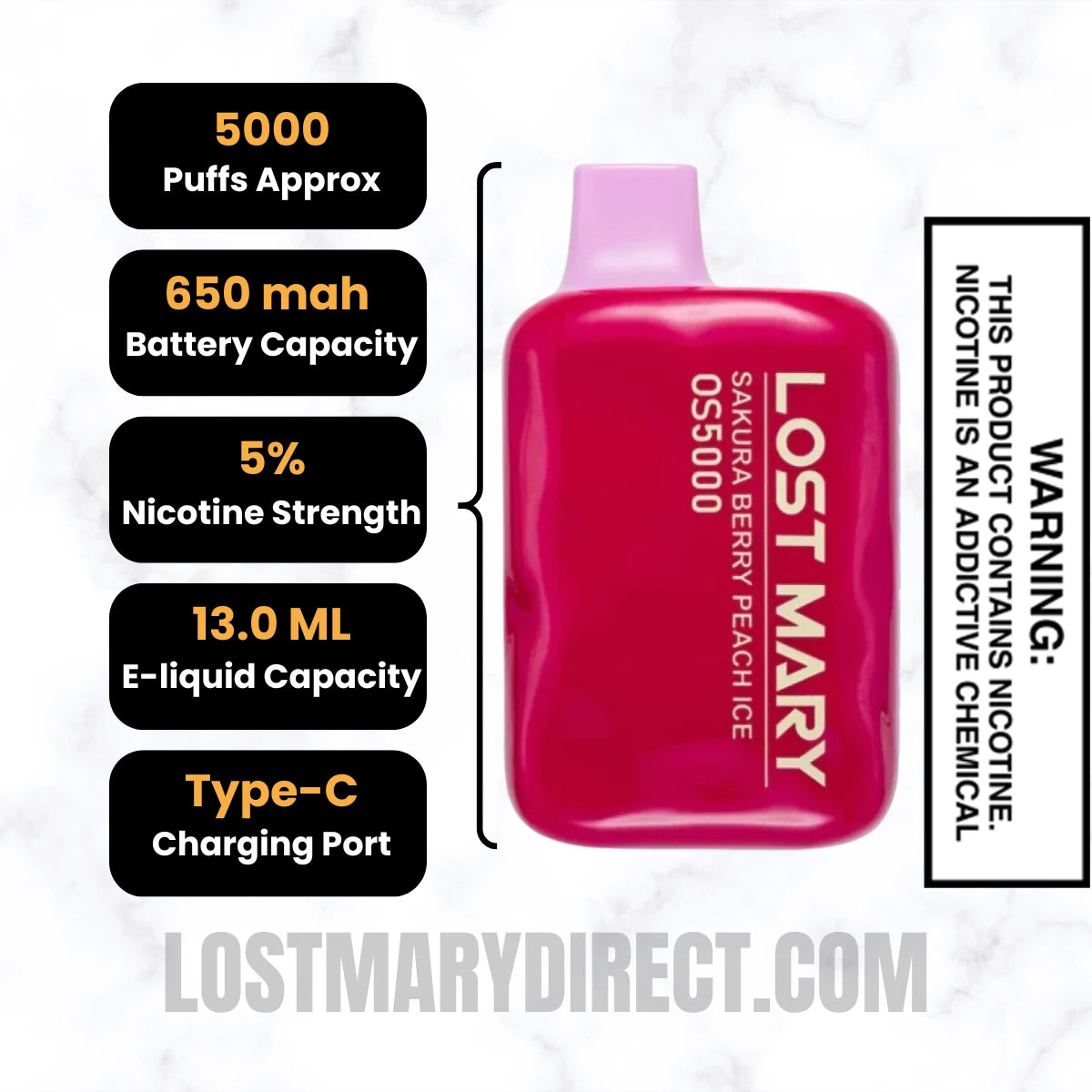 Sakura Berry Peach Ice Lost Mary OS5000 Disposable Vape Specifications