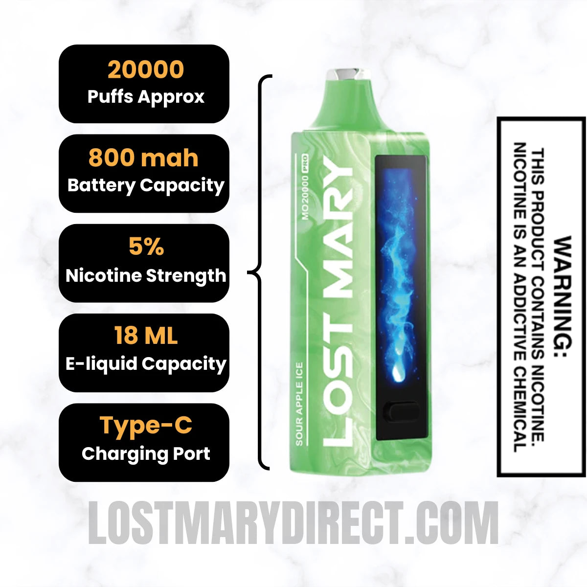 Sour Apple Ice Lost Mary MO20000 PRO Diposable Vape Specifications