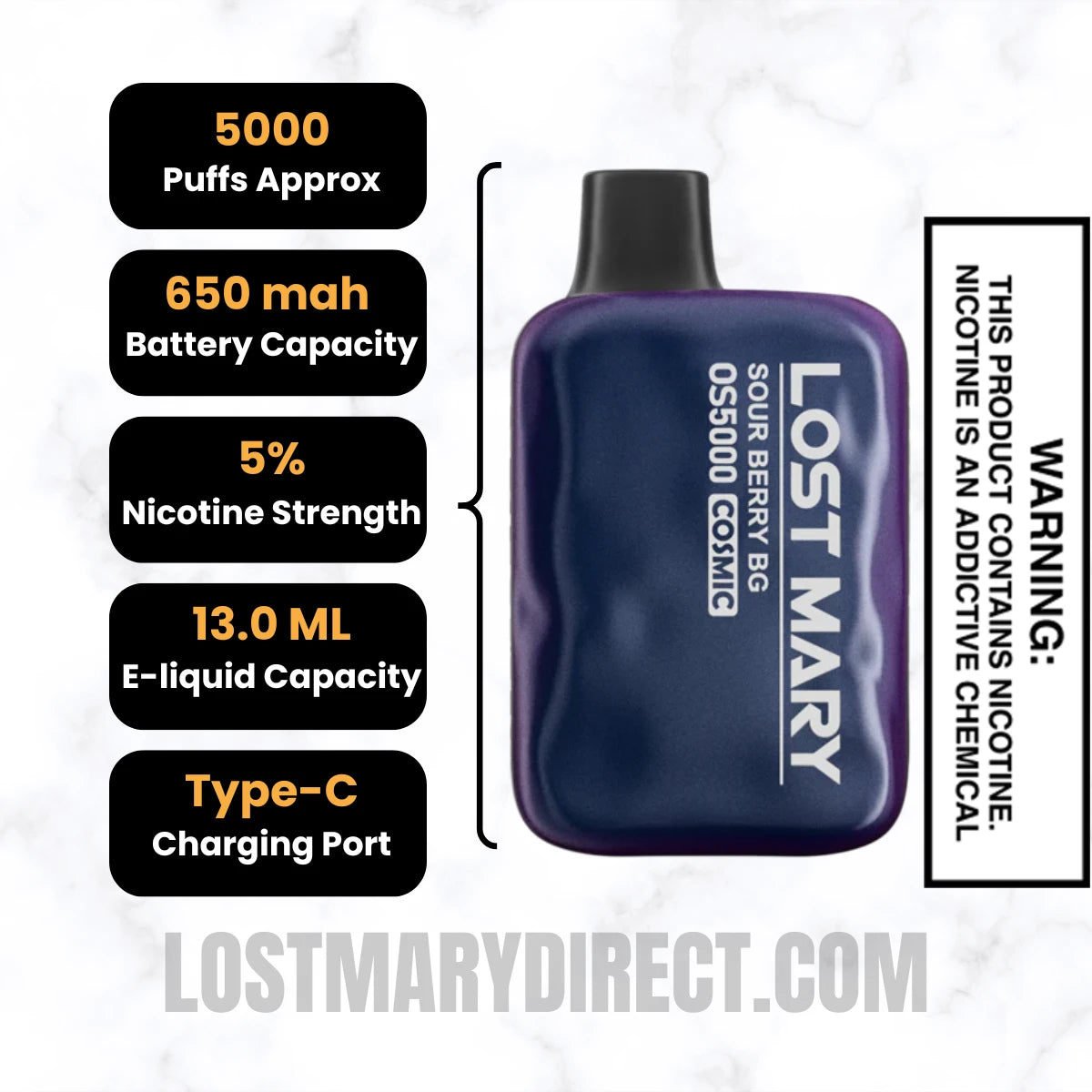 Sour Berry BG Lost Mary OS5000 Cosmic Edition Vape Specifications