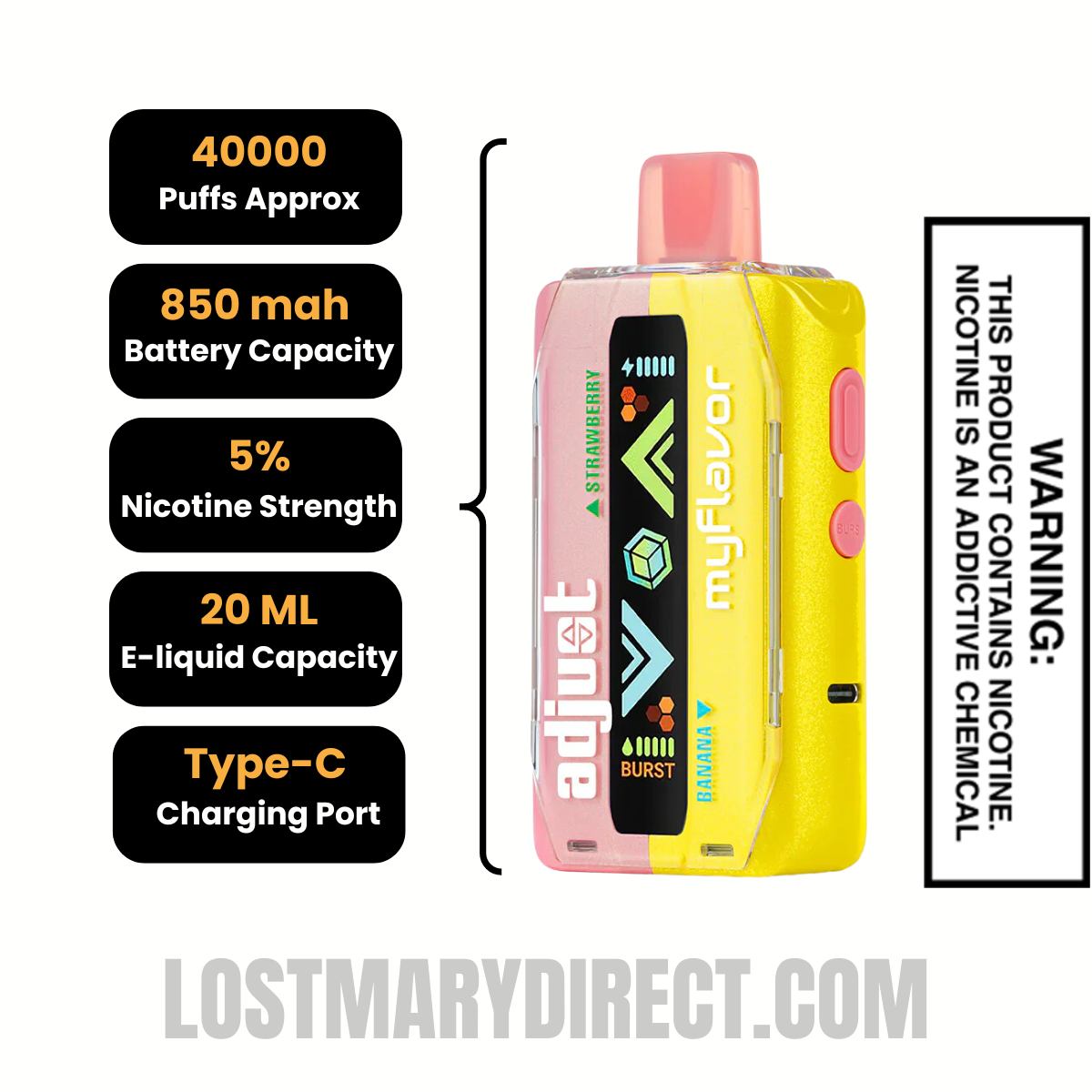 Strawberry Banana Adjust MyFlavor 40K Disposable Vape Specifcations