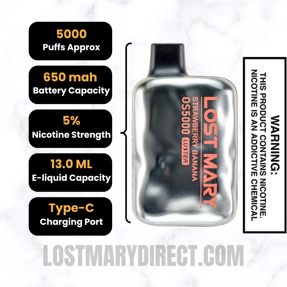 Strawberry Banana Lost Mary OS5000 Luster Edition Vape Specifications