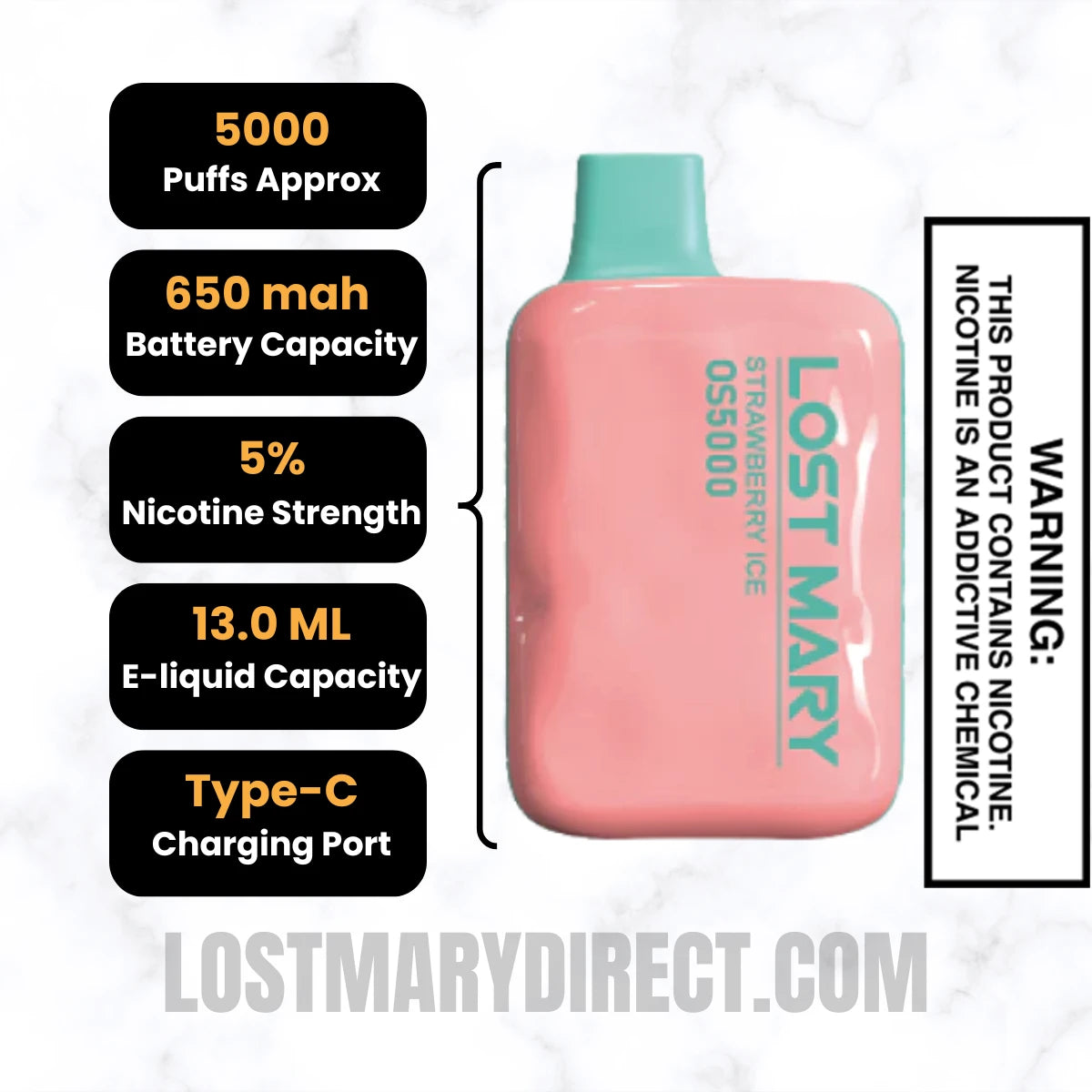 Strawberry Ice Lost Mary OS5000 Disposable Vape Specifications