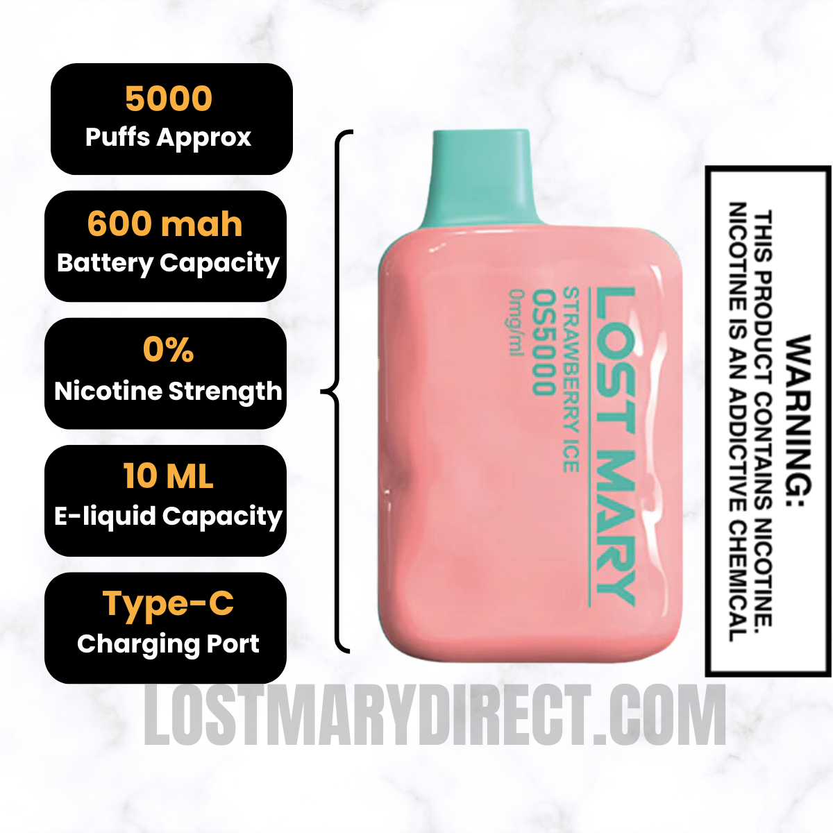 Strawberry Ice Lost Mary OS5000 Zero Nicotine Vape Specifications
