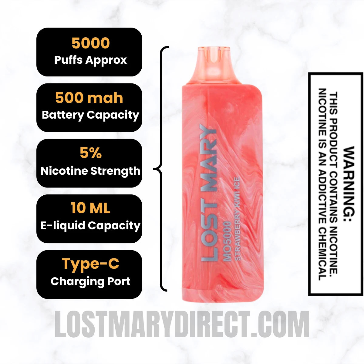 Strawberry Kiwi Ice Lost Mary MO5000 Disposable Vape Specifications