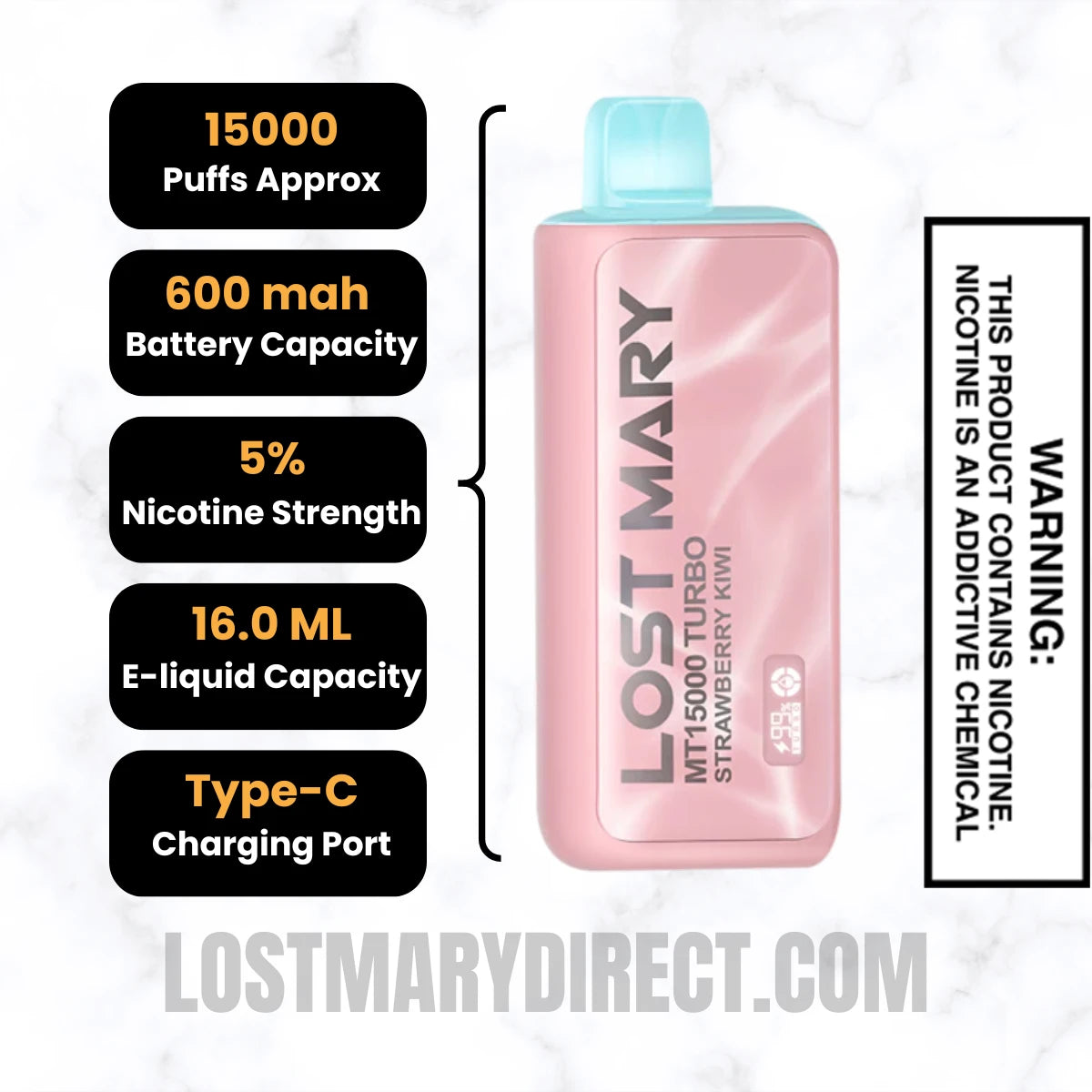 Strawberry Kiwi Lost Mary MT15000 TURBO Vape Specifications