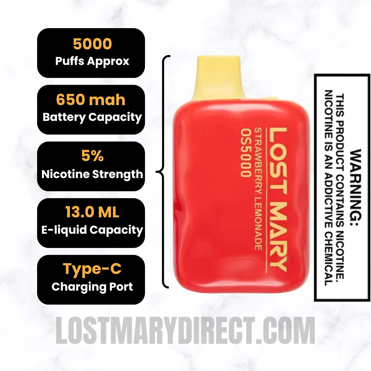 Strawberry Lemonade Lost Mary OS5000 Disposable Vape Specifications