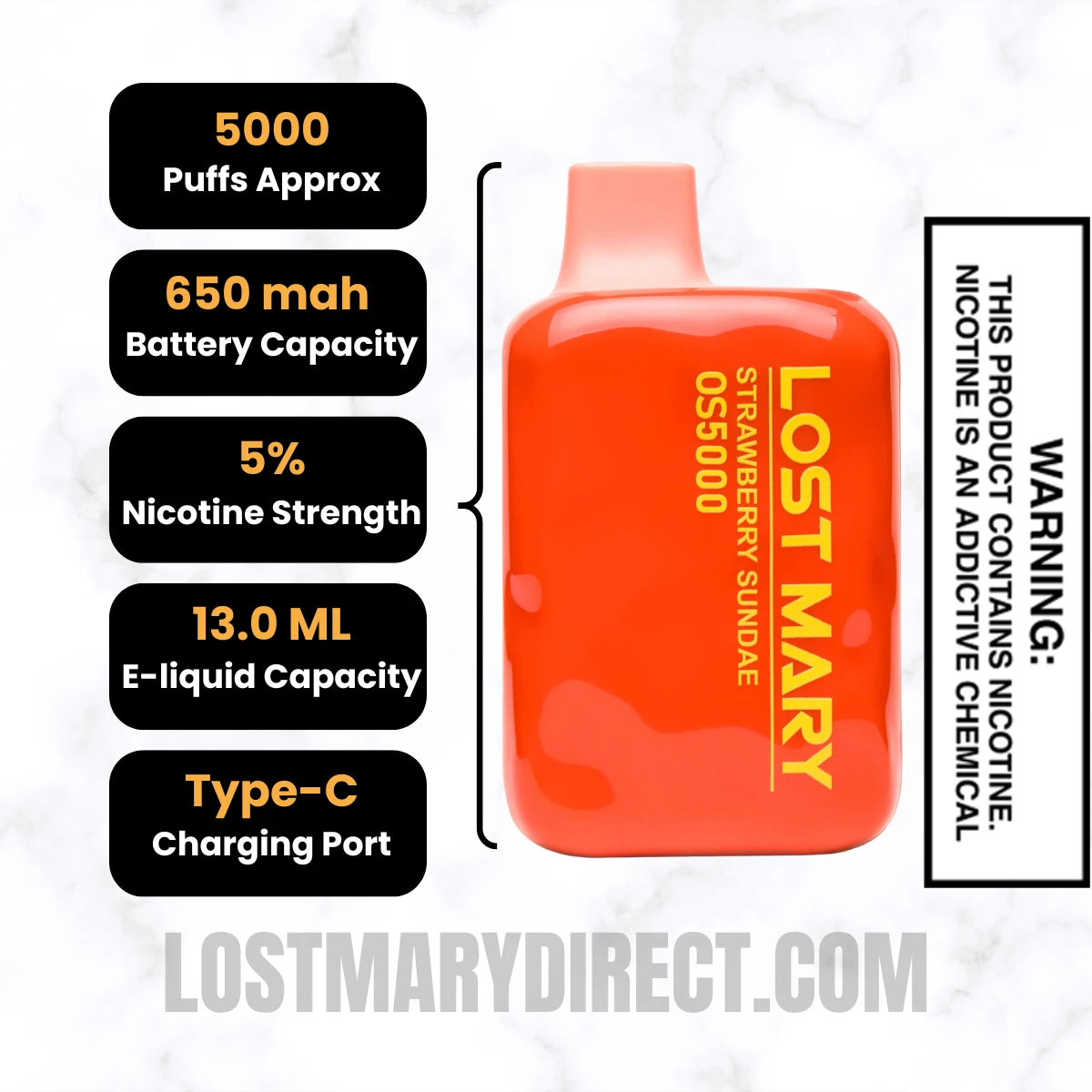 Strawberry Sundae Lost Mary OS5000 Disposable Vape Specifications