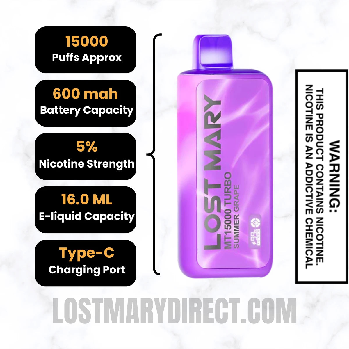 Summer Grape Lost Mary MT15000 TURBO Vape Dimension Specifications