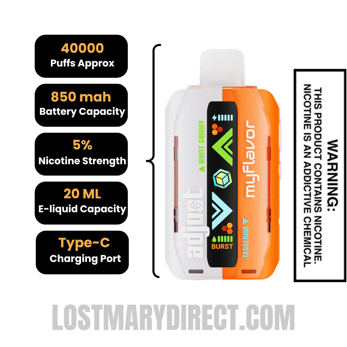 Tangerine White Gummy Adjust MyFlavor 40K Disposable Vape Specifcations