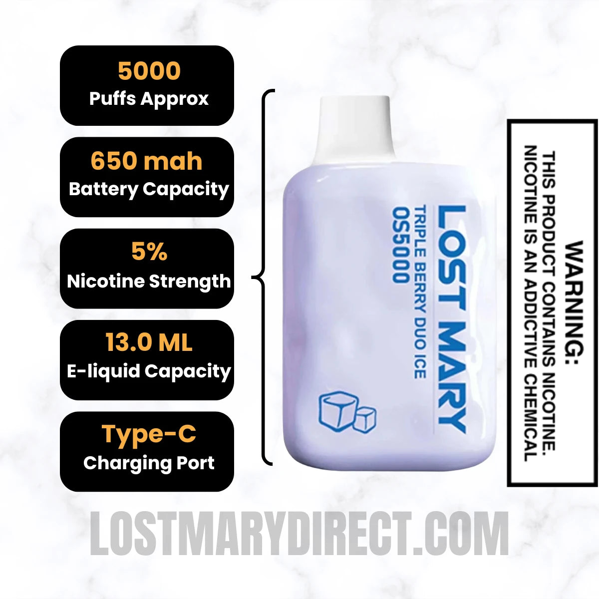 Triple Berry Duo Ice Lost Mary OS5000 Frozen edition Vape Specifications