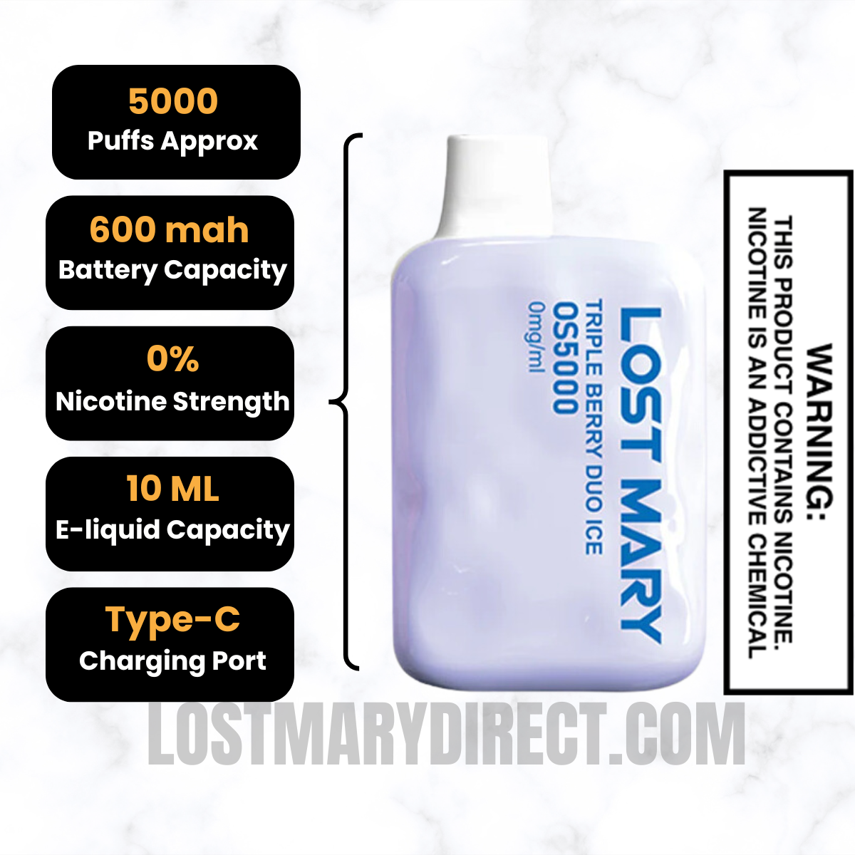 Triple Berry Duo Ice Lost Mary OS5000 Zero Nicotine Vape Specifications