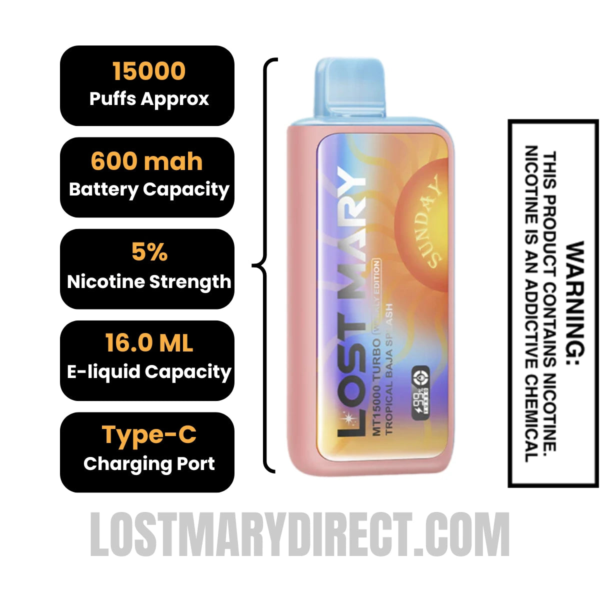 Tropical Baja Splash Lost Mary MT15000 TURBO (Sunday) Vape Specifications
